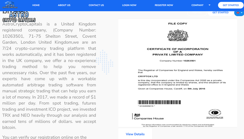 AstroCryptoCapitals官网展示的英国公司注册信息