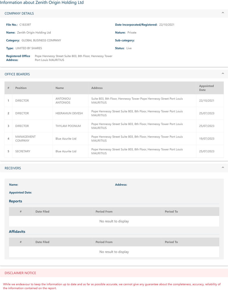 Zenith Origin Holding Limited