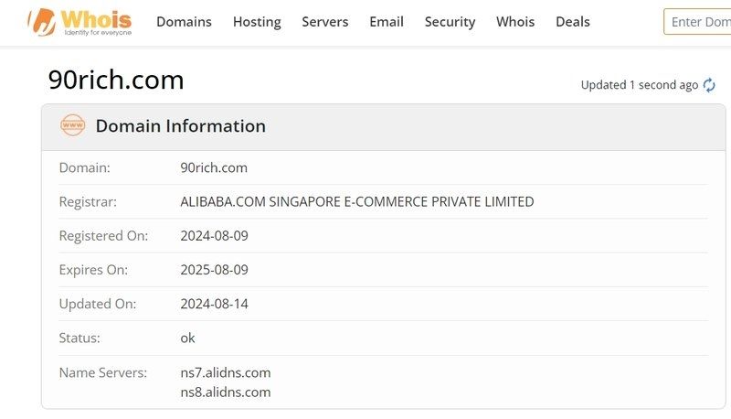 90RICH的官方网站在whois上的注册信息