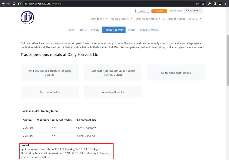 Información de horarios de trading en el sitio web