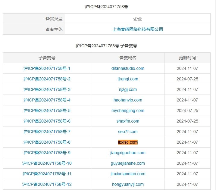 该网站在2024年11月7日取得备案,备案号为沪ICP备2024071758号-8,备案主体为上海麦磷网络科技有限公司