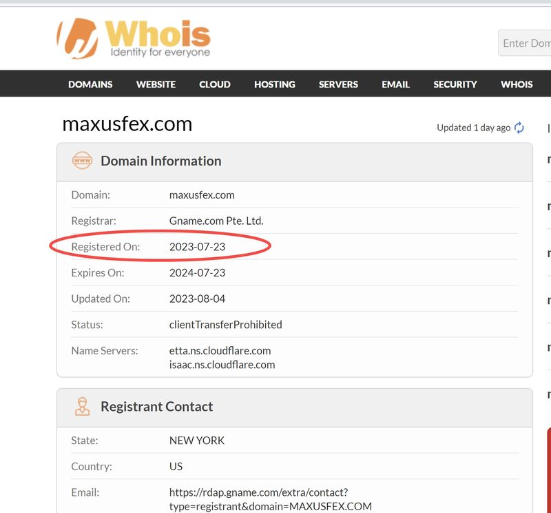 MaxusのWhoisドメイン登録日スクリーンショット