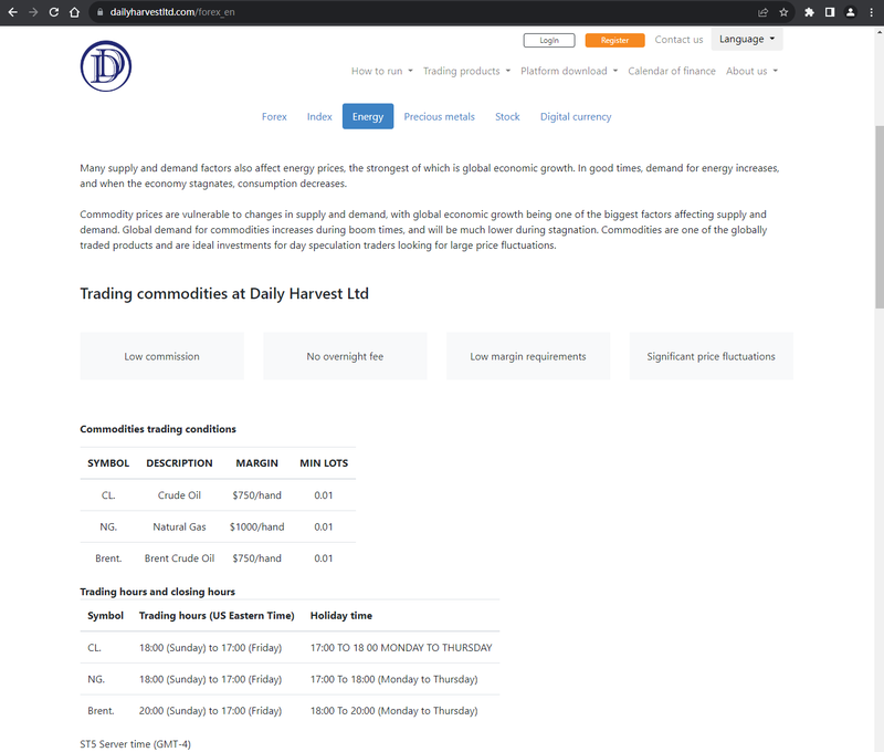 Información de horarios de trading en el sitio web