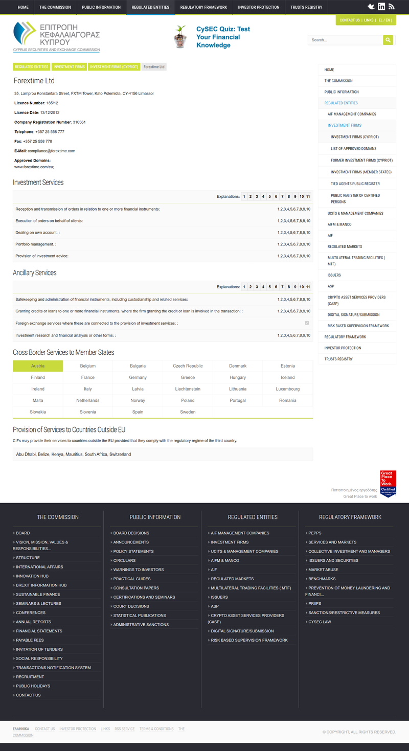 ForexTime Ltd CySEC Regulation and Registration Information