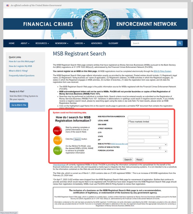 Consulta regulatoria MSB de FTooo Markets Limited en EEUU