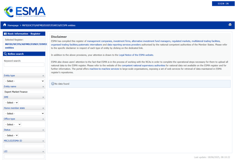 ESMA Query Result