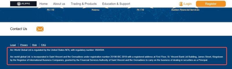 Arc World Global Ltd's website claims an NFA license