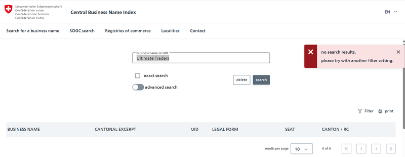 Registries of Commerce of Switzerland Query Result