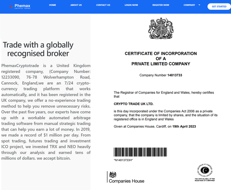Información de registro de entidad en el Reino Unido mostrada por el sitio web