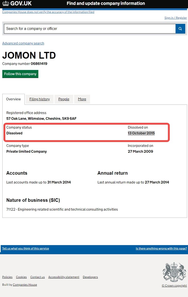 Jomon Limited's registration information