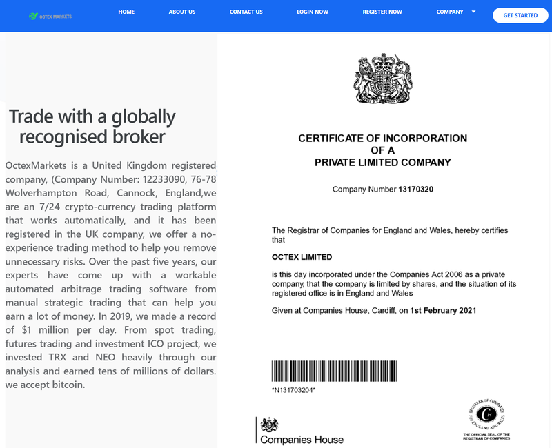 Información de registro de entidad británica mostrada en el sitio web