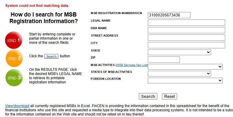 官网所示的MSB编号31000205673436在美国FinCEN官网无法查到任何信息