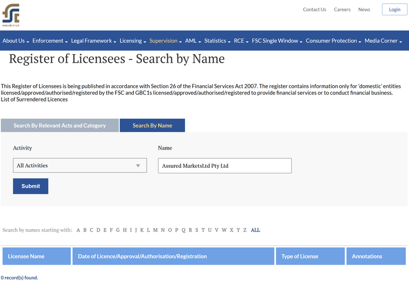 Financial Services Commission, Mauritius(Assured MarketsLtd Pty Ltd)