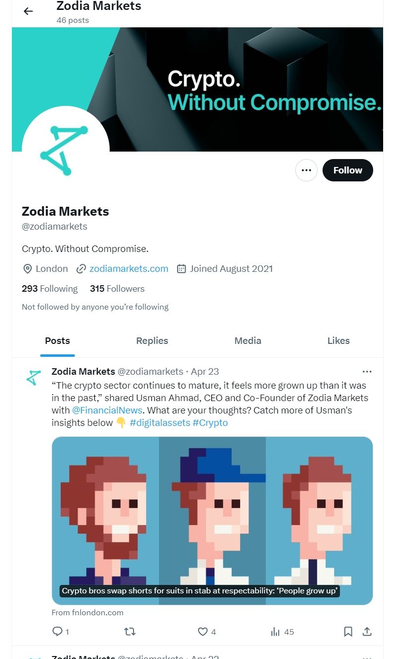 Thông tin Twitter chính thức của Zodia Markets