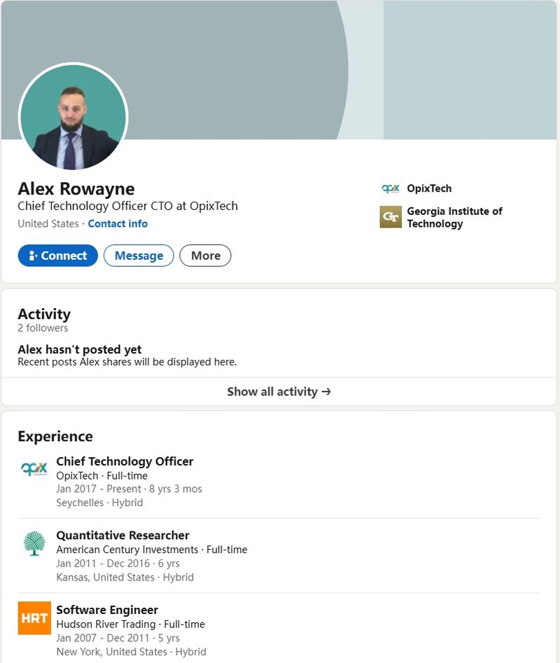 Alex Rowayne的领英也是缺乏运营,仅仅只有两位关注者