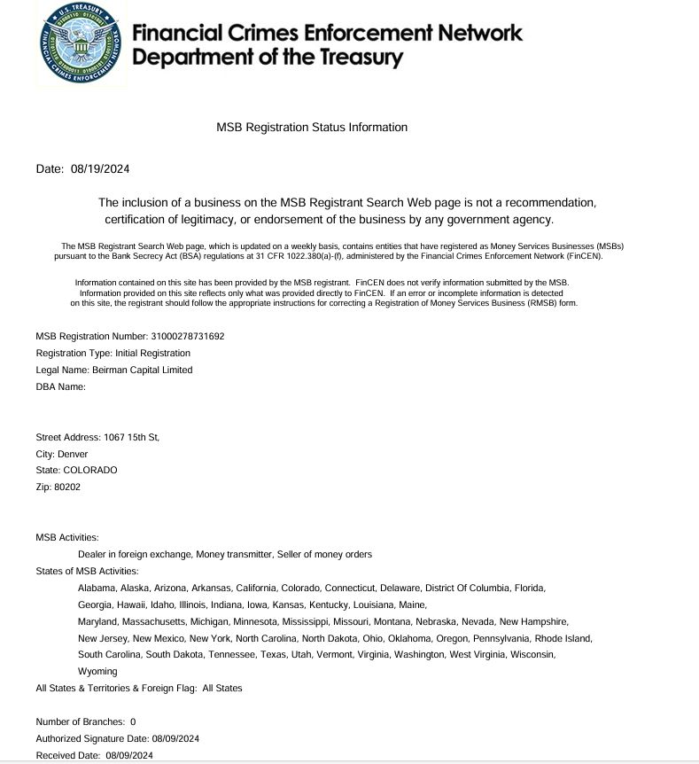 Beirman Capital's MSB License