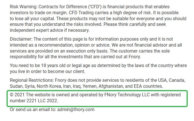 FNory는 세인트빈센트 그레나딘에 본사가 있다고 주장