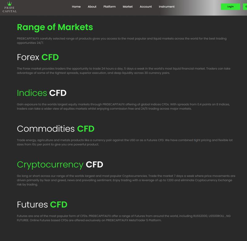 Trading Products of Pride Capital FX