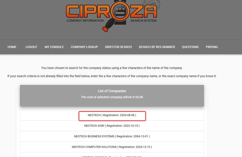 一个名为“NEOTECH”的实体于2024年8月8日在南非公司和知识产权委员会(CIPROZA)进行了注册