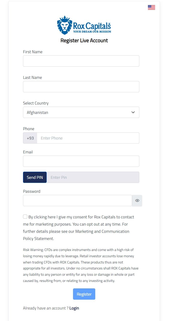 Proceso de registro de cuenta de Rox Capitals