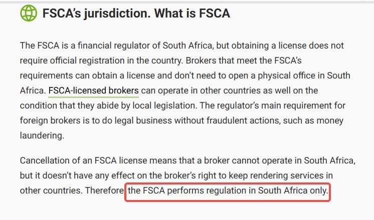 FSCA是南非的国家级监管机构,其监管职能主要在南非境内有效