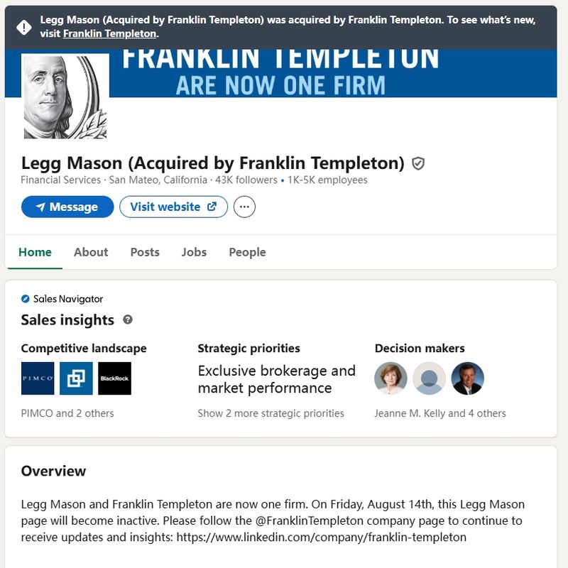 在 LinkedIn 領英 上能夠找到真正的 Legg Mason,並確認其已被 Franklin Templeton(富蘭克林鄧普頓) 收購