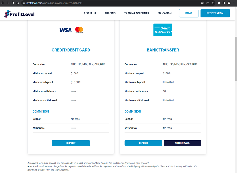 Información sobre depósitos y retiros mostrada en el sitio web