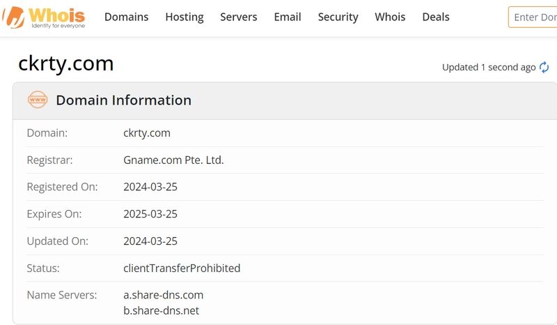 CKRTY's website registration information on whois
