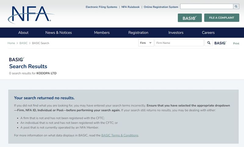 no registration information about KODDPA in the National Futures Association (NFA) of the United States
