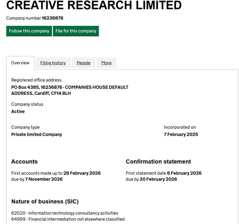 疑似CREATIVE RESEARCH LIMITED在英国工商局的注册信息