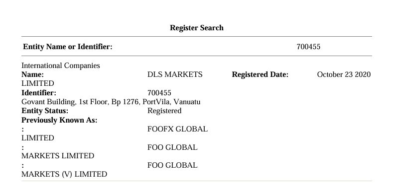 VFSC 网站显示牌照号 700455 注册于 DLS MARKETS LIMITED