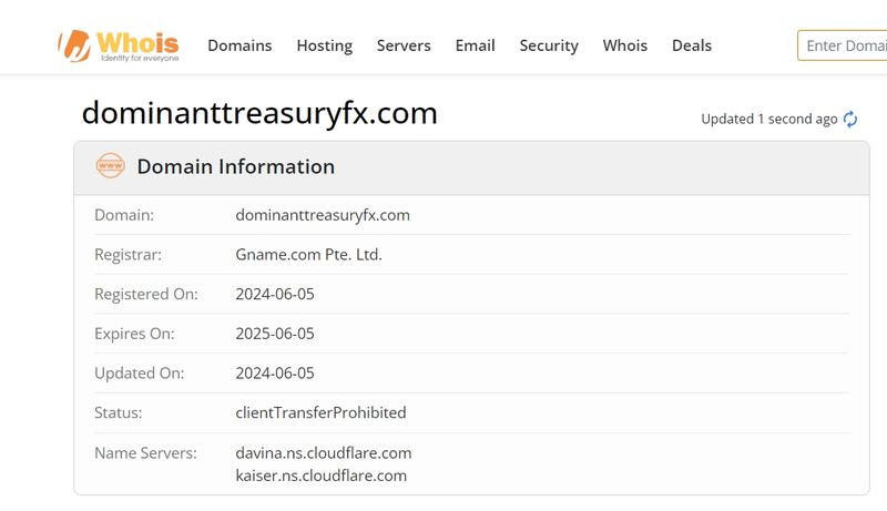DOMINANT TREASURY的企业域名注册时间
