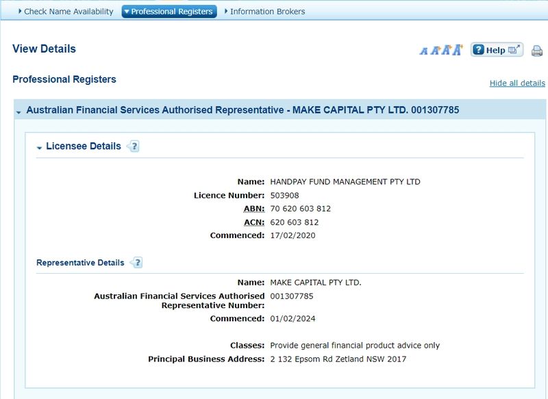 Información regulatoria de Make Capital en ASIC