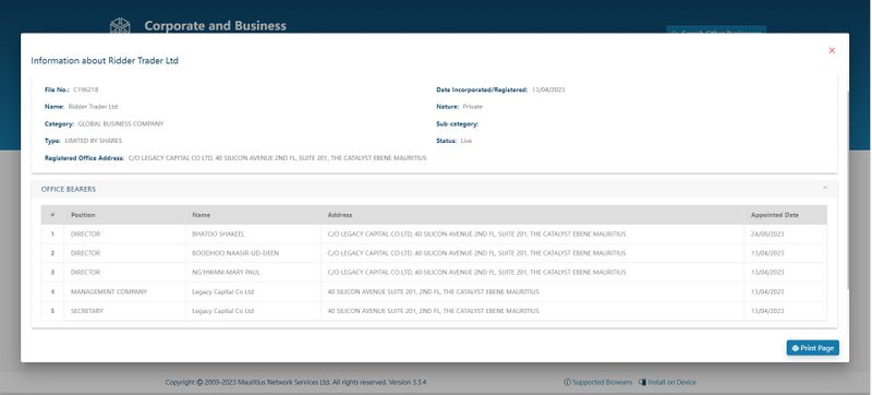 Ridder Trader毛里求斯企业与商业登记部(CBRD)注册信息查询结果