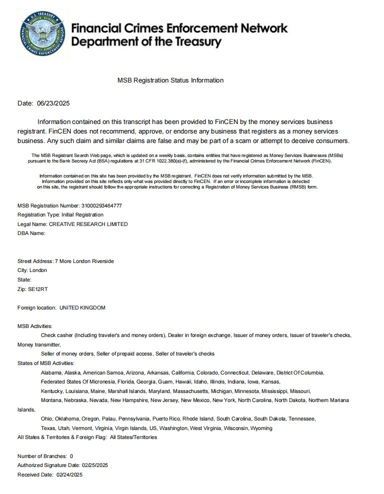 CREATIVE Research Limited的货币服务业务(MSB)牌照