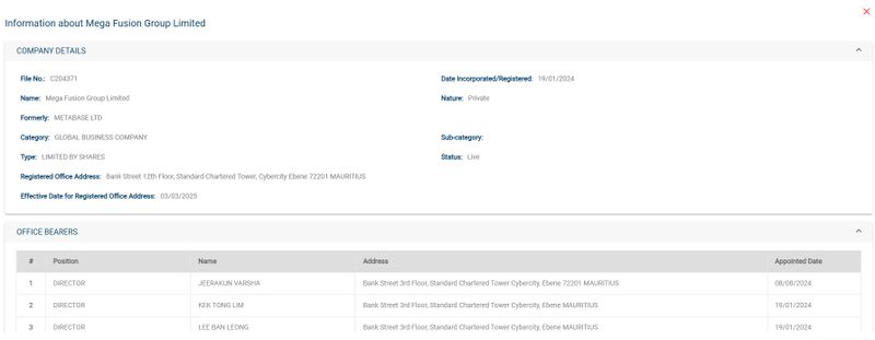 Mega Fusion Group Limited entity registered with Mauritius Corporate and Business Registration Department on January 19, 2024