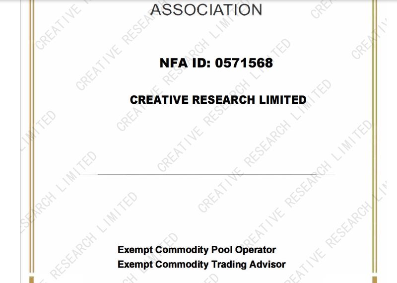 CREATIVE Research Limited 在其网站上展示了美国全国期货协会(NFA)的会员证书