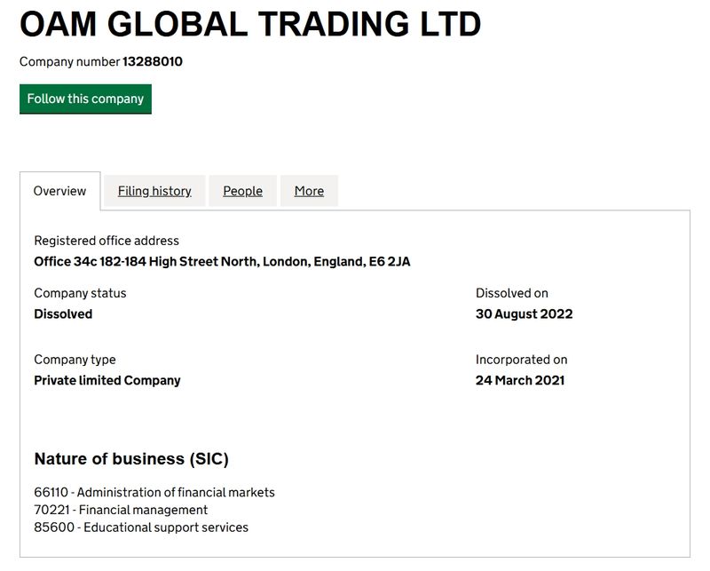 能够在英国工商局(Companies House)查到一家名叫OAM GLOBAL TRADING LTD的公司