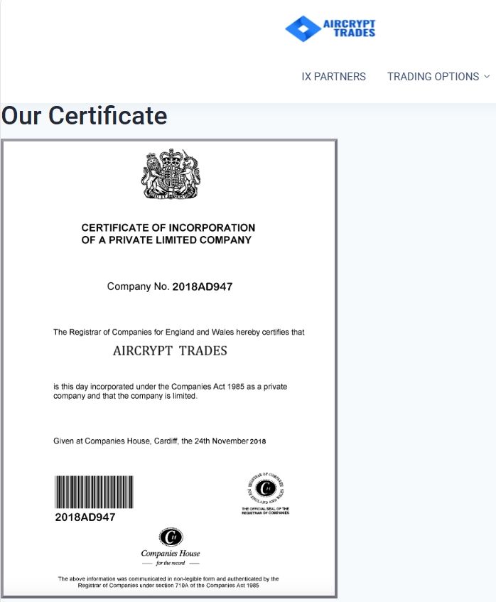 Aircrypt Trades官網上展示的英國工商局註冊證書