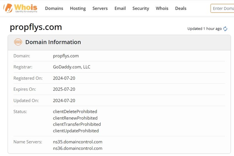 Propflys的官网在whois上显示的注册信息