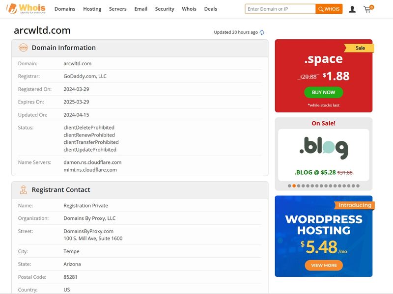 WHOIS information showing the registration date of Arc World Global Ltd's website