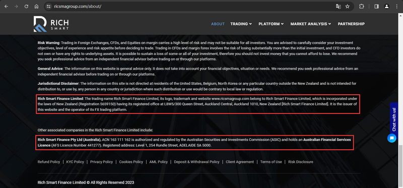 The official website of Rich Smart Finance displays company registration information