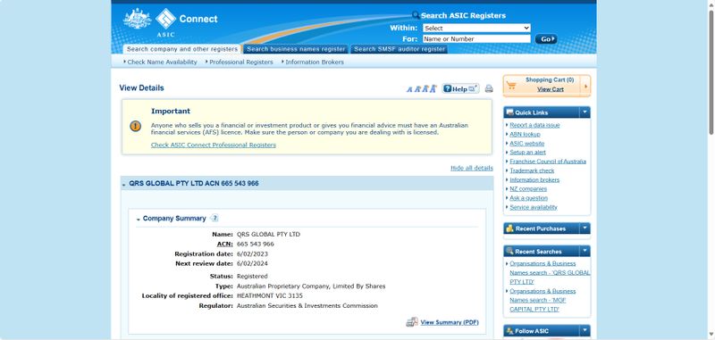 QRS GLOBAL PTY LTD registration query