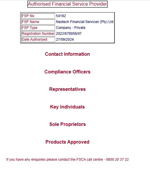 “Neotech Financial Services (Pty) Ltd”的公司确实在FSCA的授权名单中