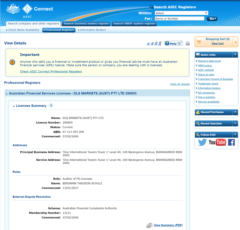 ASIC license belonging to DLS MARKETS