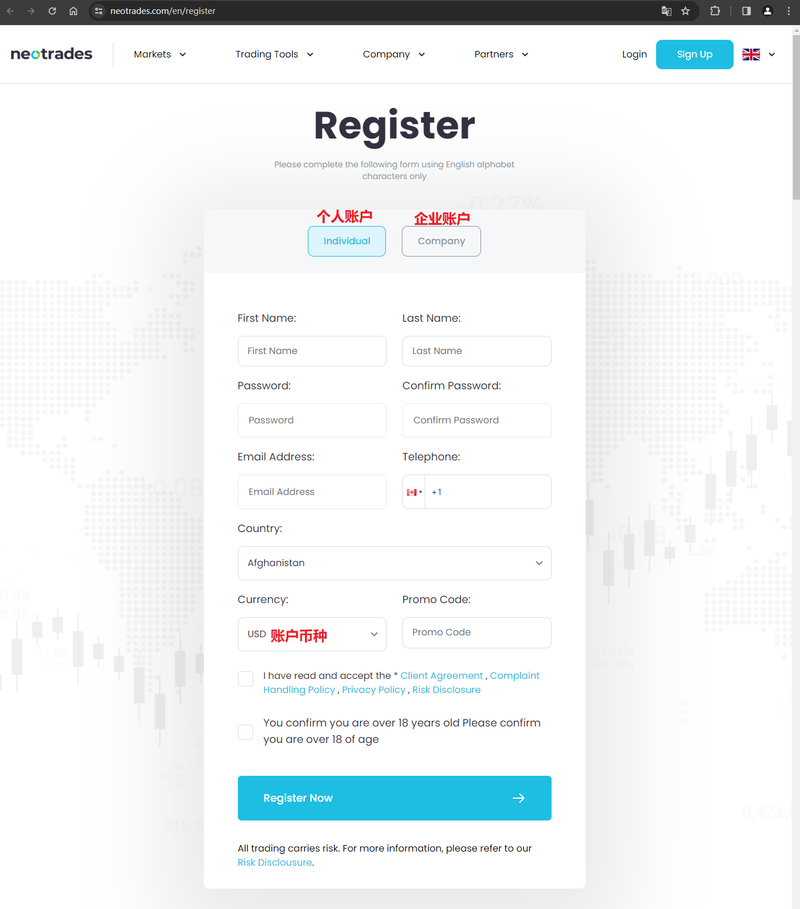 Información de registro de cuentas según el sitio web 2