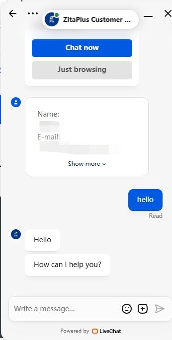 A reply from a live agent is typically received within half a minute