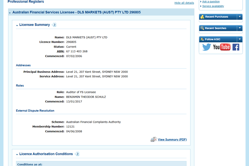 DLS MARKETS (AUST) PTY LTD ASIC