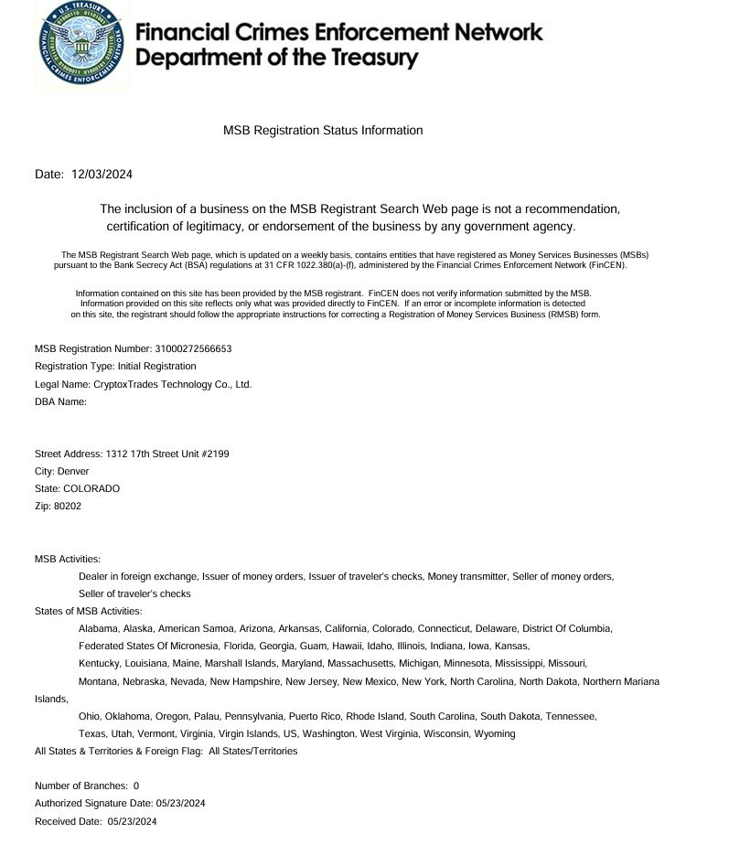 Suspected MSB license held by Cryptoxtrades with Legal Name CryptoxTrades Technology Co., Ltd.