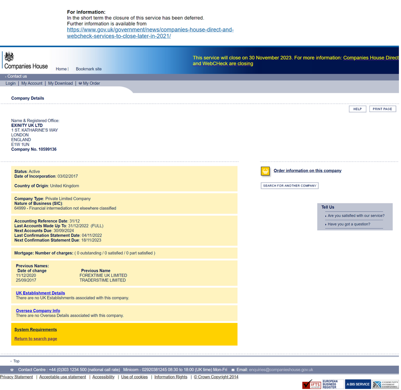 Exinity UK Limited Registration Information with UK's Business Registry